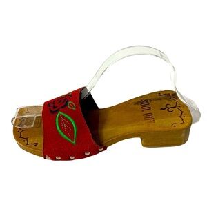 Unique 100% wood soles with suede strap heels red with flower detailing SZ 5.5